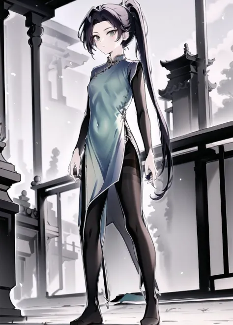 <lora:meihua:1>,thirteen \(scissor seven\), full body, long ponytail,light green cheongsam, pantyhose,outdoors, long Cheongsam Dress, <lora:mo:0.55>,standing,