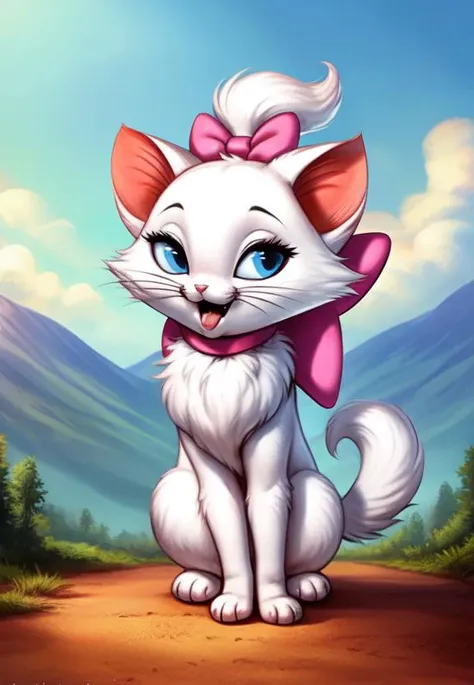 <lora:MarieTheAristocatsI:1>   MarieTheAristocatsI, cat, pink bow on the neck, blue eyes, small pigtail, chibi,
 [road, earth, forest, trees, sky, clouds, mountains,] , solo,  looking at viewer, to his full height, (beautiful, aesthetic, perfect, delicate, intricate, masterpiece, ) 
 [by kenket|by totesfleisch8], by thebigslick:by silverfox5213:0.8], [by syuro, by paloma-paloma::0.2, (Tricksta, TotesFleisch8)
(winking face with tongue)