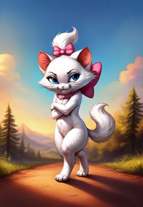 <lora:MarieTheAristocatsI:1>   MarieTheAristocatsI, cat, pink bow on the neck, blue eyes, small pigtail, chibi,
 [road, earth, forest, trees, sky, clouds, mountains,] , solo,  looking at viewer, to his full height, (beautiful, aesthetic, perfect, delicate, intricate, masterpiece, ) 
 [by kenket|by totesfleisch8], by thebigslick:by silverfox5213:0.8], [by syuro, by paloma-paloma::0.2, (Tricksta, TotesFleisch8)
(fighting stance, angry pose)