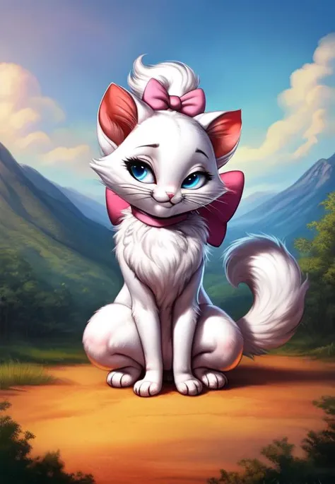 <lora:MarieTheAristocatsI:1>   MarieTheAristocatsI, cat, pink bow on the neck, blue eyes, small pigtail, chibi,
 [road, earth, forest, trees, sky, clouds, mountains,] , solo,  looking at viewer, to his full height, (beautiful, aesthetic, perfect, delicate, intricate, masterpiece, ) 
 [by kenket|by totesfleisch8], by thebigslick:by silverfox5213:0.8], [by syuro, by paloma-paloma::0.2, (Tricksta, TotesFleisch8)
(all fours, cowgirl position,)