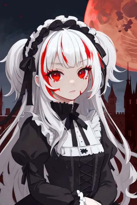 ((detailed anima face))),((beautiful detailed face)),collar,(((gothic, ta_fashion, gothic_loli), ((white hair)),((streaked hair)), beautiful detailed eyes,(red eyes), (((detailed castle))),(((high saturation))), ((best shadow)) ,((night,red moon,blood on face,blood on cloths,splash blood)),arms behind back anime,<lora:anime:1>,