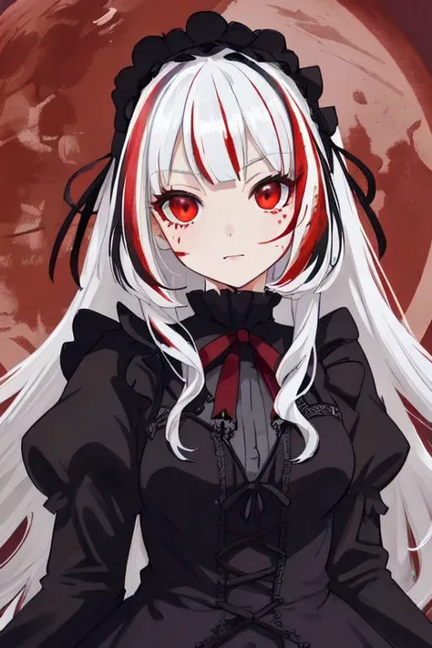 ((detailed anima face))),((beautiful detailed face)),collar,(((gothic, ta_fashion, gothic_loli), ((white hair)),((streaked hair)), beautiful detailed eyes,(red eyes), (((detailed castle))),(((high saturation))), ((best shadow)) ,((night,red moon,blood on face,blood on cloths,splash blood)),arms behind back anime,<lora:anime:1>,