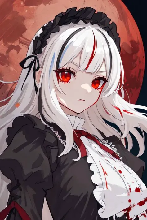 ((detailed anima face))),((beautiful detailed face)),collar,(((gothic, ta_fashion, gothic_loli), ((white hair)),((streaked hair)), beautiful detailed eyes,(red eyes), (((detailed castle))),(((high saturation))), ((best shadow)) ,((night,red moon,blood on face,blood on cloths,splash blood)),arms behind back anime,<lora:anime:1>,