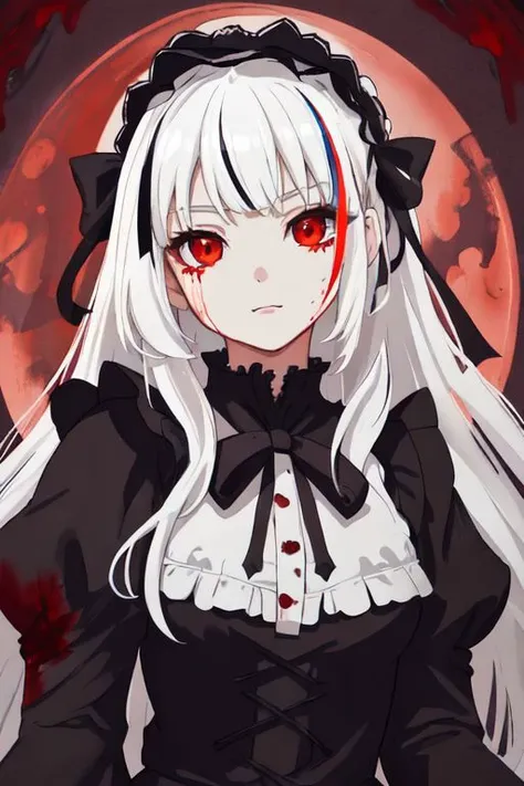 ((detailed anima face))),((beautiful detailed face)),collar,(((gothic, ta_fashion, gothic_loli), ((white hair)),((streaked hair)), beautiful detailed eyes,(red eyes), (((detailed castle))),(((high saturation))), ((best shadow)) ,((night,red moon,blood on face,blood on cloths,splash blood)),arms behind back anime,<lora:anime:1>,