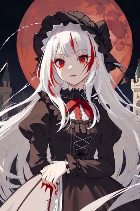 ((detailed anima face))),((beautiful detailed face)),collar,(((gothic, ta_fashion, gothic_loli), ((white hair)),((streaked hair)), beautiful detailed eyes,(red eyes), (((detailed castle))),(((high saturation))), ((best shadow)) ,((night,red moon,blood on face,blood on cloths,splash blood)),arms behind back anime,<lora:anime:1>,