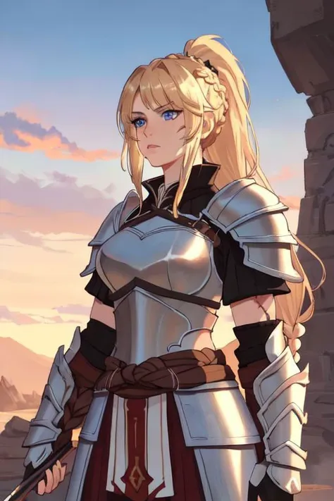 warrior, armor, epic, epic scenery, (masterpiece, high quality, best quality:1.3), Detailed, barbarian woman, blue eyes, 170cm tall, (braided ponytail:1.2), single braid, (blonde hair:1.1), (heavy upper lips:1.1), (body full of scars:1.2)