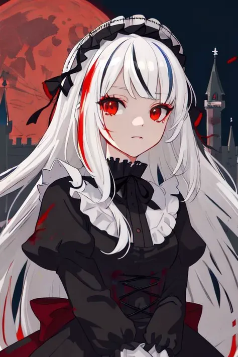 ((detailed anima face))),((beautiful detailed face)),collar,(((gothic, ta_fashion, gothic_loli), ((white hair)),((streaked hair)), beautiful detailed eyes,(red eyes), (((detailed castle))),(((high saturation))), ((best shadow)) ,((night,red moon,blood on face,blood on cloths,splash blood)),arms behind back anime,<lora:anime:1>,