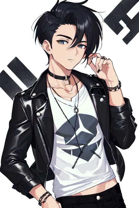 The boy has a handsome face with sharp features. He has almond-shaped eyes with dark blue irises that are slightly larger than usual. His hair is jet black and styled in a messy undercut with long bangs that fall over his forehead. He has a slender build.
He is wearing a black leather jacket over a white t-shirt with a graphic print on it. He has on a pair of fitted black jeans and black combat boots. He has a silver chain necklace around his neck and a black leather bracelet on his wris