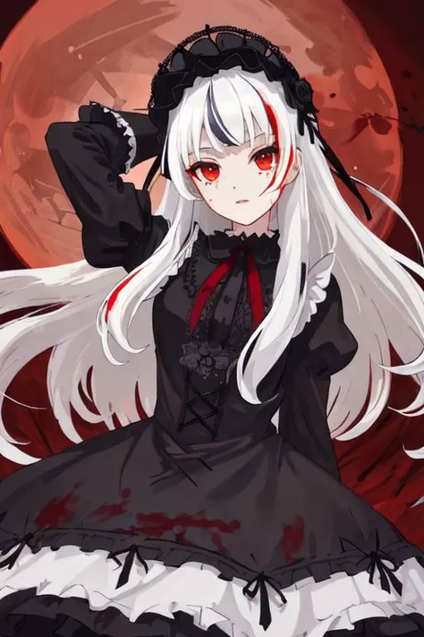 ((detailed anima face))),((beautiful detailed face)),collar,(((gothic, ta_fashion, gothic_loli), ((white hair)),((streaked hair)), beautiful detailed eyes,(red eyes), (((detailed castle))),(((high saturation))), ((best shadow)) ,((night,red moon,blood on face,blood on cloths,splash blood)),arms behind back anime,<lora:anime:1>,