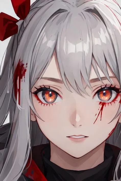 female face, detailed face. grey eyes, crazy eyes, crazy face, glowing eyes, blood on face,