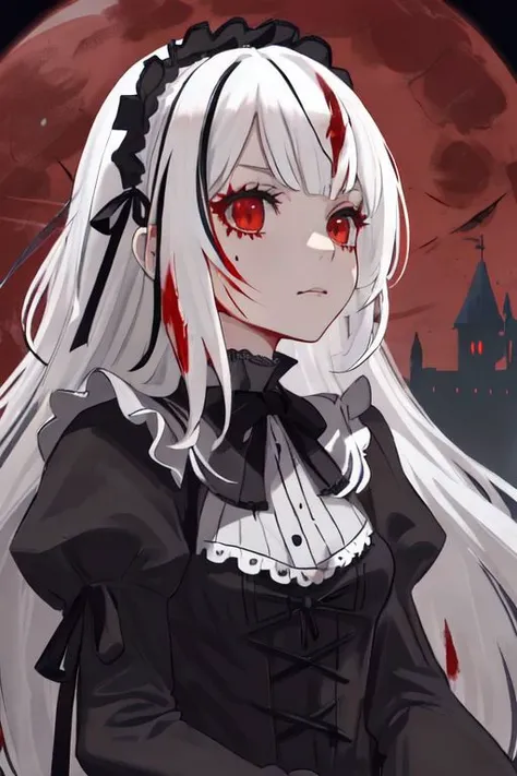 ((detailed anima face))),((beautiful detailed face)),collar,(((gothic, ta_fashion, gothic_loli), ((white hair)),((streaked hair)), beautiful detailed eyes,(red eyes), (((detailed castle))),(((high saturation))), ((best shadow)) ,((night,red moon,blood on face,blood on cloths,splash blood)),arms behind back anime,<lora:anime:1>,