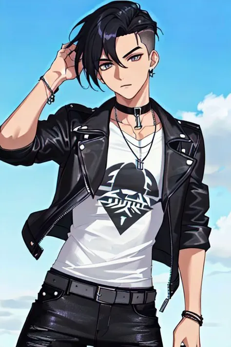 The boy has a handsome face with sharp features. He has almond-shaped eyes with dark blue irises that are slightly larger than usual. His hair is jet black and styled in a messy undercut with long bangs that fall over his forehead. He has a slender build.
He is wearing a black leather jacket over a white t-shirt with a graphic print on it. He has on a pair of fitted black jeans and black combat boots. He has a silver chain necklace around his neck and a black leather bracelet on his wris