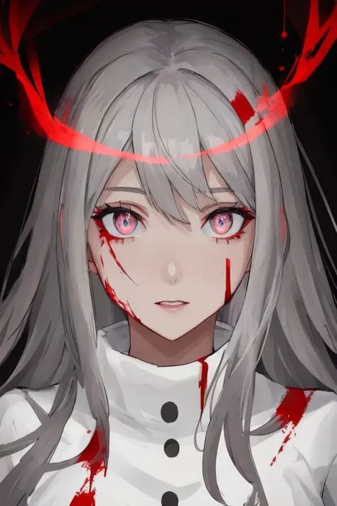 female face, detailed face. grey eyes, crazy eyes, crazy face, glowing eyes, blood on face,