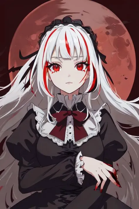 ((detailed anima face))),((beautiful detailed face)),collar,(((gothic, ta_fashion, gothic_loli), ((white hair)),((streaked hair)), beautiful detailed eyes,(red eyes), (((detailed castle))),(((high saturation))), ((best shadow)) ,((night,red moon,blood on face,blood on cloths,splash blood)),arms behind back anime,<lora:anime:1>,