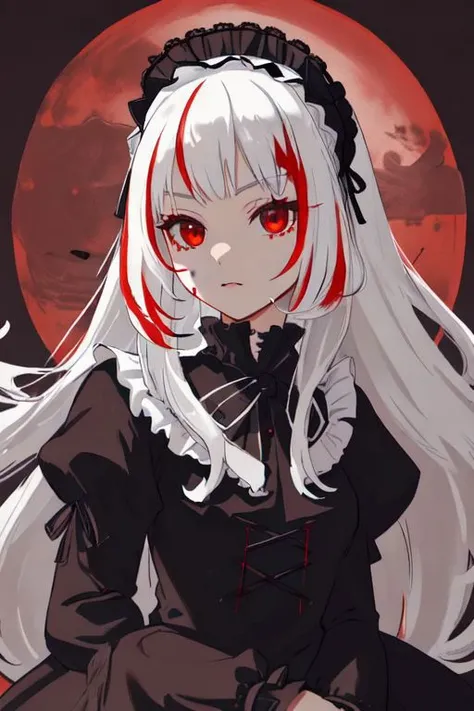 ((detailed anima face))),((beautiful detailed face)),collar,(((gothic, ta_fashion, gothic_loli), ((white hair)),((streaked hair)), beautiful detailed eyes,(red eyes), (((detailed castle))),(((high saturation))), ((best shadow)) ,((night,red moon,blood on face,blood on cloths,splash blood)),arms behind back anime,<lora:anime:1>,