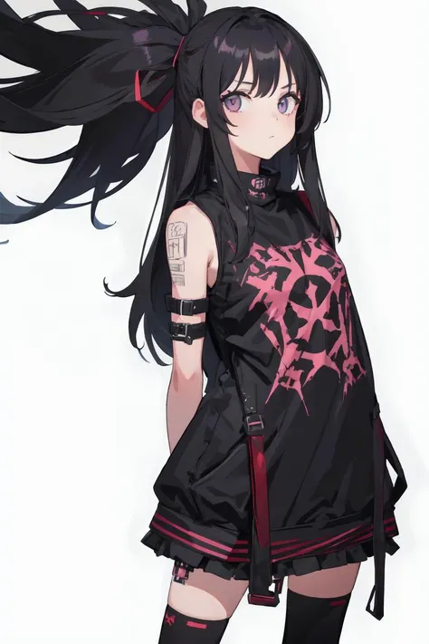 1girl, long_hair, looking_at_viewer, simple_background, punk, white_background, arms behind back, <lora:punk_v0.2:0.8> punk