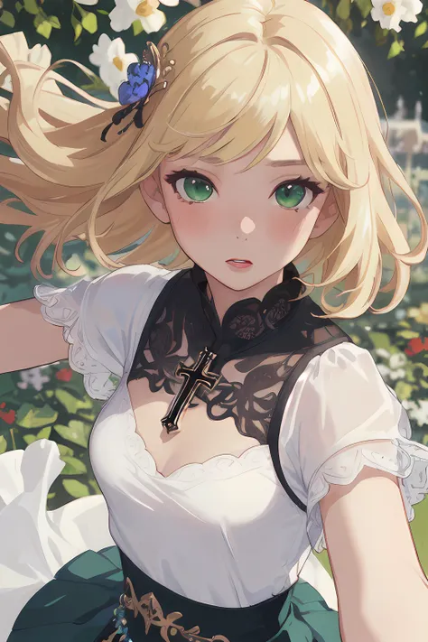 (masterpiece:1.4, best quality), (intricate details), unity 8k wallpaper, ultra detailed, beautiful and aesthetic, perfect lighting, (1girl), (blonde hair, green eyes, flat_chest),, dynamic pose, dynamic angle, lipstick, slim, slim body, medium breasts, (Floral_wrap_top:1.5),(Midi_skirt:1.4),(Beaded_bracelets:1.3),(Garden_party_background:1.5), detailed background, realistic, solo, perfect detailed face, detailed eyes, highly detailed, blush, hair ornament, rolling_eyes, cross-eyed,