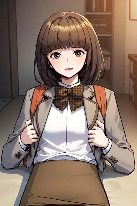 masterpiece, best quality, absurdres, perfect anatomy, beautiful background, beautiful face, beautiful eyes, beautiful body, upper body, yu dayun, 1girl, happy, short hair, skirt, brown hair, shirt, long sleeves, bow, brown eyes, school uniform, jacket, white shirt, collared shirt, blunt bangs, bowtie, bag, blazer, backpack, pencil skirt, brown skirt, plaid bow, brown bowtie, Lying on the stomach, pretending to fly like superman, <lora:Yu_Dayun:0.85>