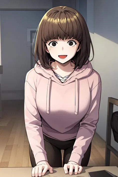 masterpiece, best quality, absurdres, perfect anatomy, beautiful background, beautiful face, beautiful eyes, beautiful body, upper body, happy, yu dayun, 1girl, solo,  skirt, brown hair, long sleeves, shorts, hood, black skirt, medium hair, black eyes, hoodie, black shorts, hood down, yellow hoodie, Mimicking a monkey scratching its head,  <lora:Yu_Dayun:0.85>