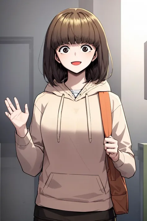masterpiece, best quality, absurdres, perfect anatomy, beautiful background, beautiful face, beautiful eyes, beautiful body, upper body, happy, yu dayun, 1girl, solo, skirt, brown hair, long sleeves, shorts, hood, black skirt, medium hair, bag, black eyes, hoodie, black shorts, hood down, yellow hoodie, Standing straight with hands at sides, <lora:Yu_Dayun:0.85>