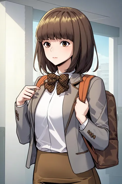 masterpiece, best quality, absurdres, perfect anatomy, beautiful background, beautiful face, beautiful eyes, beautiful body, upper body, yu dayun, 1girl, short hair, skirt, brown hair, shirt, long sleeves, bow, brown eyes, school uniform, jacket, white shirt, collared shirt, blunt bangs, bowtie, bag, blazer, backpack, pencil skirt, brown skirt, plaid bow, brown bowtie  <lora:Yu_Dayun:0.85>