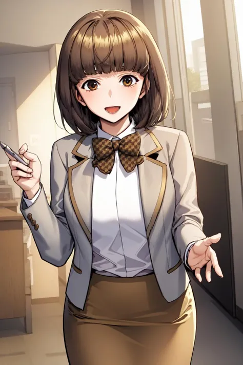 masterpiece, best quality, absurdres, perfect anatomy, beautiful background, beautiful face, beautiful eyes, beautiful body, upper body, yu dayun, 1girl, happy, short hair, skirt, brown hair, shirt, long sleeves, bow, brown eyes, school uniform, jacket, white shirt, collared shirt, blunt bangs, bowtie, blazer, pencil skirt, brown skirt, plaid bow, brown bowtie, Jumping with one knee bent, <lora:Yu_Dayun:0.85>