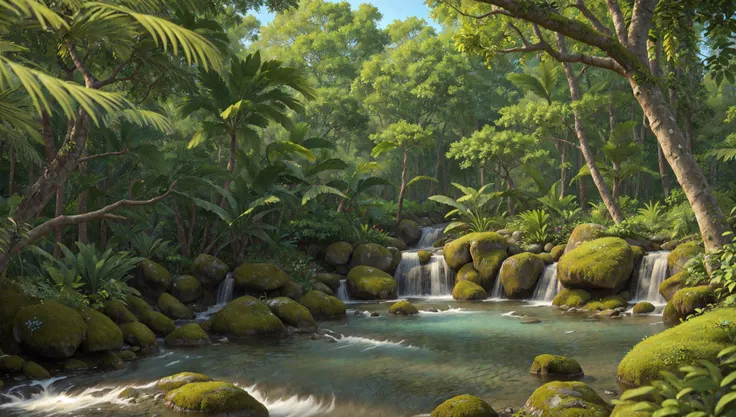 ((masterpiece:1.4,best quality)),
tropical jungle, high trees, creek, tree shade,
high detail, abundant, 8k, high detail, wallpaper,
<lora:more_details:0.2>