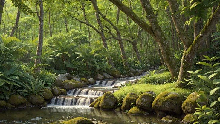 ((masterpiece:1.4,best quality)),
tropical jungle, high trees, creek, tree shade,
high detail, abundant, 8k, high detail, wallpaper,
<lora:more_details:0.2>