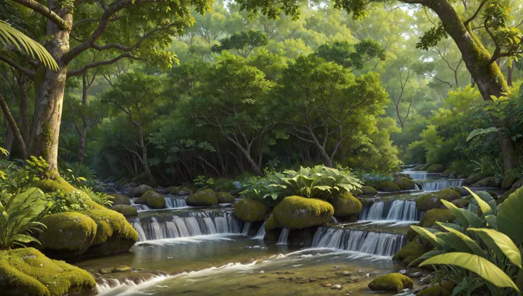 ((masterpiece:1.4,best quality)),
tropical jungle, high trees, creek, tree shade,
high detail, abundant, 8k, high detail, wallpaper,
<lora:more_details:0.2>