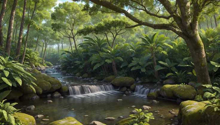 ((masterpiece:1.4,best quality)),
tropical jungle, high trees, creek, tree shade,
high detail, abundant, 8k, high detail, wallpaper,
<lora:more_details:0.2>