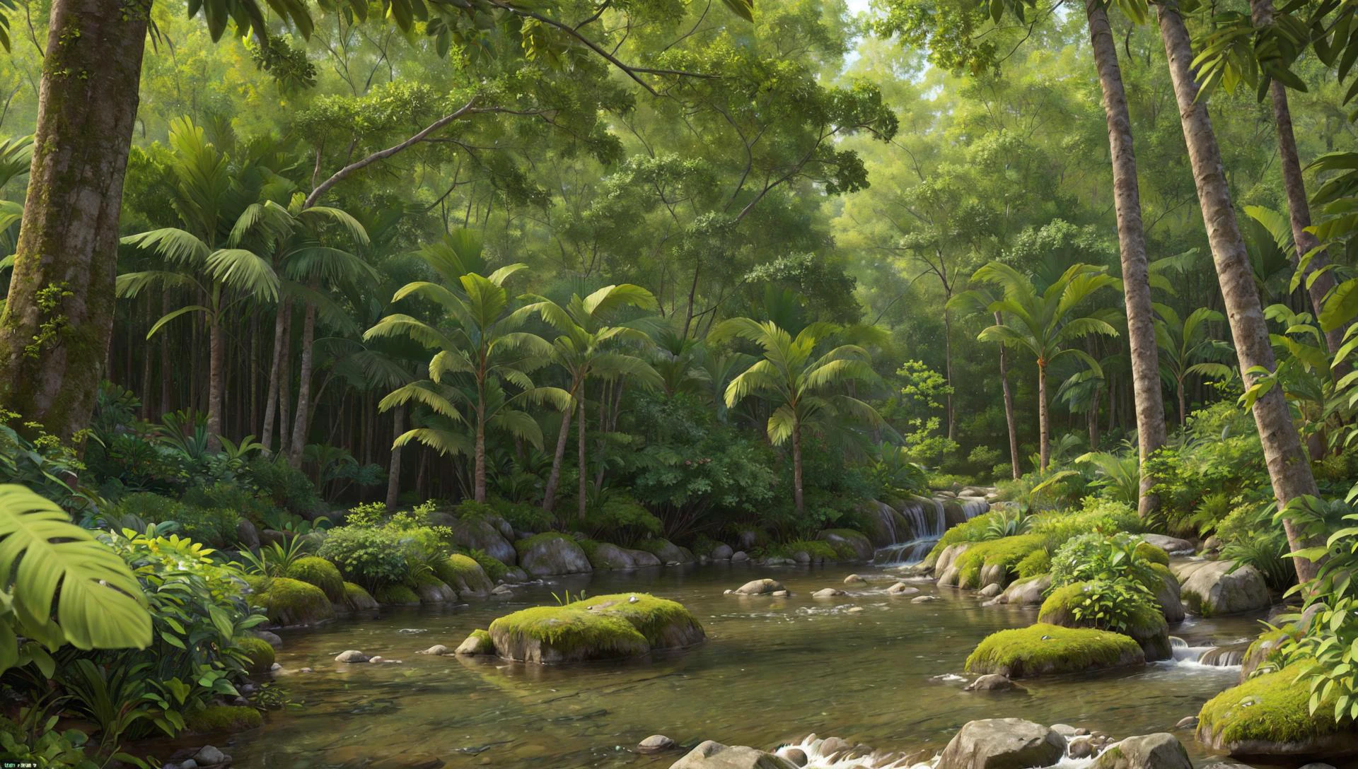((masterpiece:1.4,best quality)),
tropical jungle, high trees, creek, tree shade,
high detail, abundant, 8k, high detail, wallpaper,
<lora:more_details:0.2>