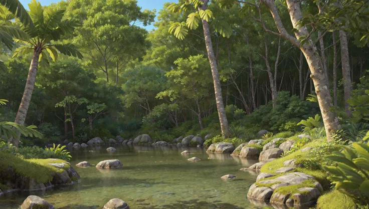 ((masterpiece:1.4,best quality)),
tropical jungle, high trees, creek, tree shade,
high detail, abundant, 8k, high detail, wallpaper,
<lora:more_details:0.2>