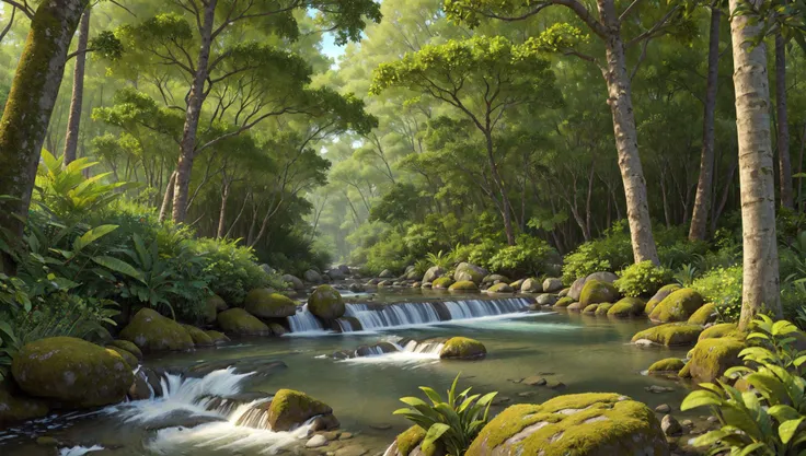 ((masterpiece:1.4,best quality)),
tropical jungle, high trees, creek, tree shade,
high detail, abundant, 8k, high detail, wallpaper,
<lora:more_details:0.2>