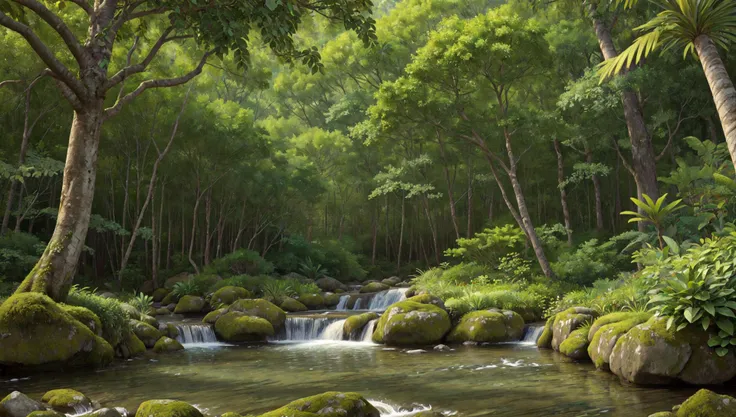((masterpiece:1.4,best quality)),
tropical jungle, high trees, creek, tree shade,
high detail, abundant, 8k, high detail, wallpaper,
<lora:more_details:0.2>