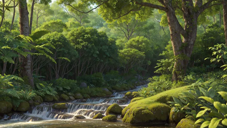 ((masterpiece:1.4,best quality)),
tropical jungle, high trees, creek, tree shade,
high detail, abundant, 8k, high detail, wallpaper,
<lora:more_details:0.2>