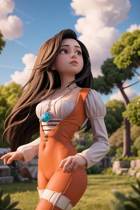 masterpiece, high quality best quality, 1girl, solo, garnff9, black_hair, blue_sky, cloud, day, pendant, brown eyes, flat chest, long_hair, stand, looking_at_viewer, young_female, forest, outdoors, orange bodysuit, sunlight, beautiful lightning, 8k, detailed,  <lora:GrenatLoRA-07:1> <lora:add_detail:1>