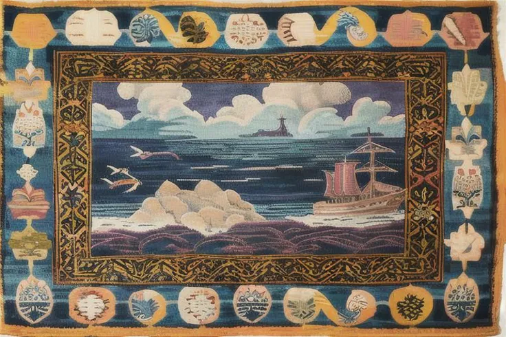 <lora:carpetex0:1> hand-woven rug depicting the sargasso sea