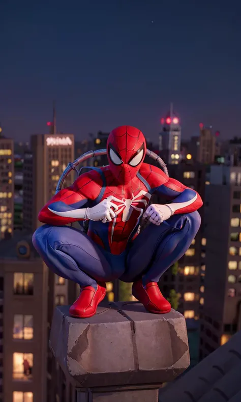 spideyadv2, man crouching on rooftop gargoyle, muscular, best quality, masterpiece, 8k, uhd, night, new york, flexible man, spiderman pose, pixar style
