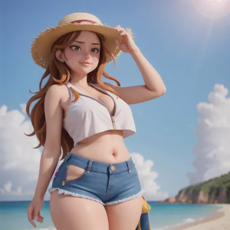 wide hips, thick thighs, long hair, denim shorts, exposed belly, (sweating), 4k, 8k, best quality, rtx quality, (rich colors), high saturation, white shirt, sleeveless, collarbone, beach, straw hat, solar flare, holding hat, winking, (vibrant colors, bright colors), high detail, intricate detail, masterpiece, unbuttoned shorts, unzipped shorts,