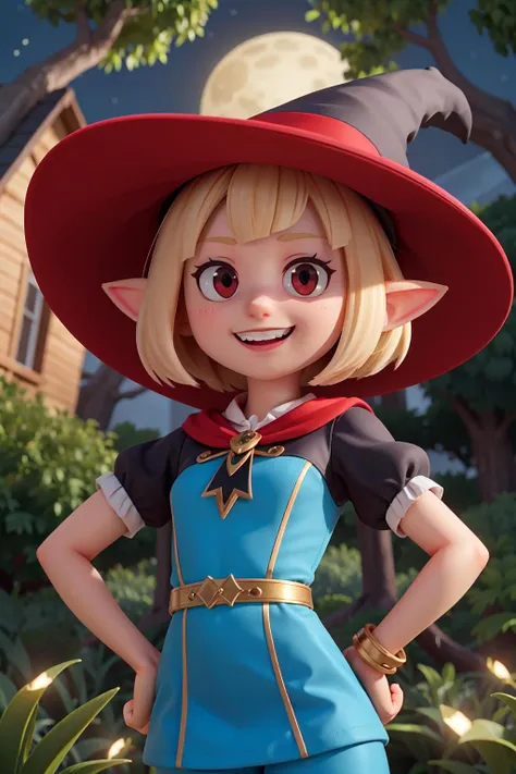 (masterpiece, high quality:1.3), (fisheye:1.25), a sexy witch girl, 18 years old, hand on hips, (night, magical dark forest:1.3), (close-up, upper body:1.3), (solo:1.1), perfect slim body, red eyes, blonde short hair, bangs, elf ears, grin, (simple:1.1) blue dress, (black:1.1) leggins, witch hat, fireflies, sparkles, epic sky, moon, dynamic light, dynamic shadows, (from below:1.2)