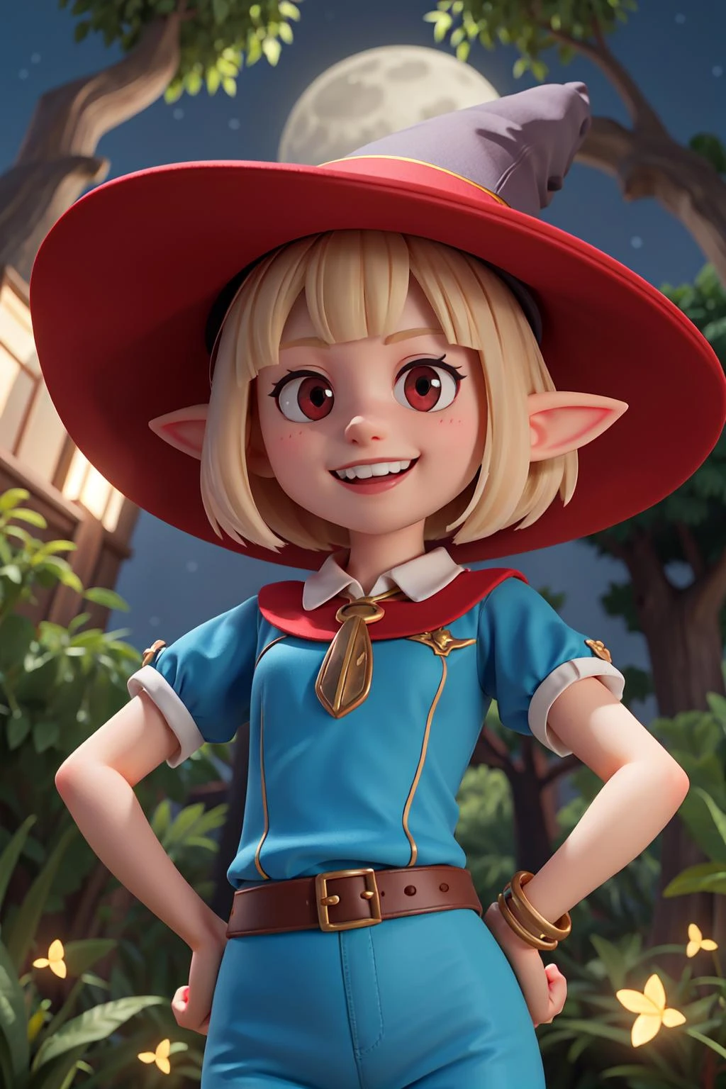 (masterpiece, high quality:1.3), (fisheye:1.25), a sexy witch girl, 18 years old, hand on hips, (night, magical dark forest:1.3), (close-up, upper body:1.3), (solo:1.1), perfect slim body, red eyes, blonde short hair, bangs, elf ears, grin, (simple:1.1) blue dress, (black:1.1) leggins, witch hat, fireflies, sparkles, epic sky, moon, dynamic light, dynamic shadows, (from below:1.2)