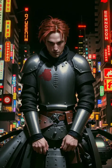 close up of a man with red hair, in black knights armor, looking to side, neo tokyo, cyberpunk, in the city at night, vampire hunter, 8K, RAW, HD, stunning masterpiece, nikon RAW photo <lora:robertPattinson_10:0.9>