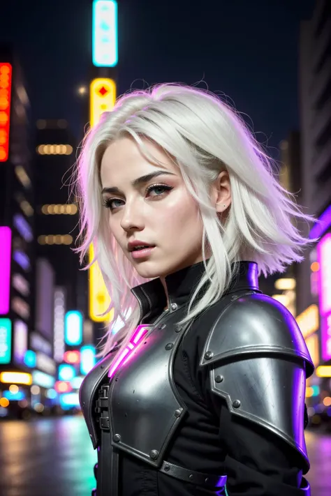 close up of a girl with white hair, in black knights armor, facing viewer, neo tokyo, cyberpunk, in the city at night, vampire hunter, 8K, RAW, HD, stunning masterpiece, nikon RAW photo, photorealistic, vibrant colors, neon lights