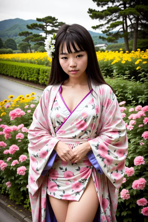 High Detail Nikon RAW color Photo, fashion portrait of young Japanese woman in sexy dress, flowers in the background