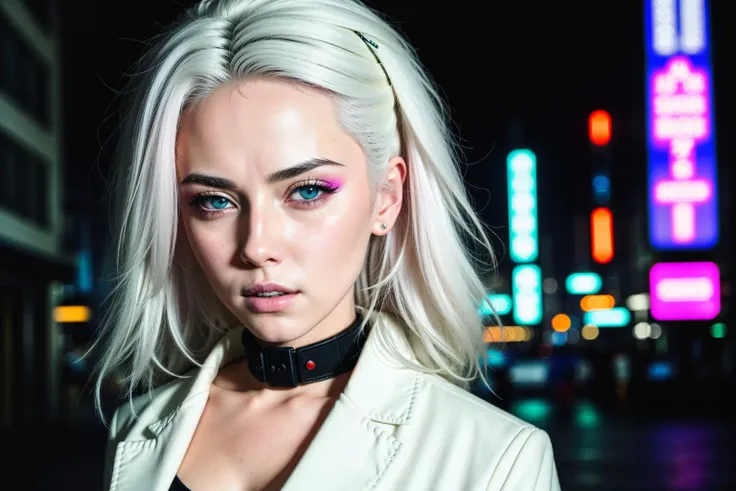 close up of a girl with white hair, facing viewer, neo tokyo, cyberpunk, in the city at night, vampire hunter, 8K, RAW, HD, stunning masterpiece, nikon RAW photo, photorealistic, vibrant colors, neon lights