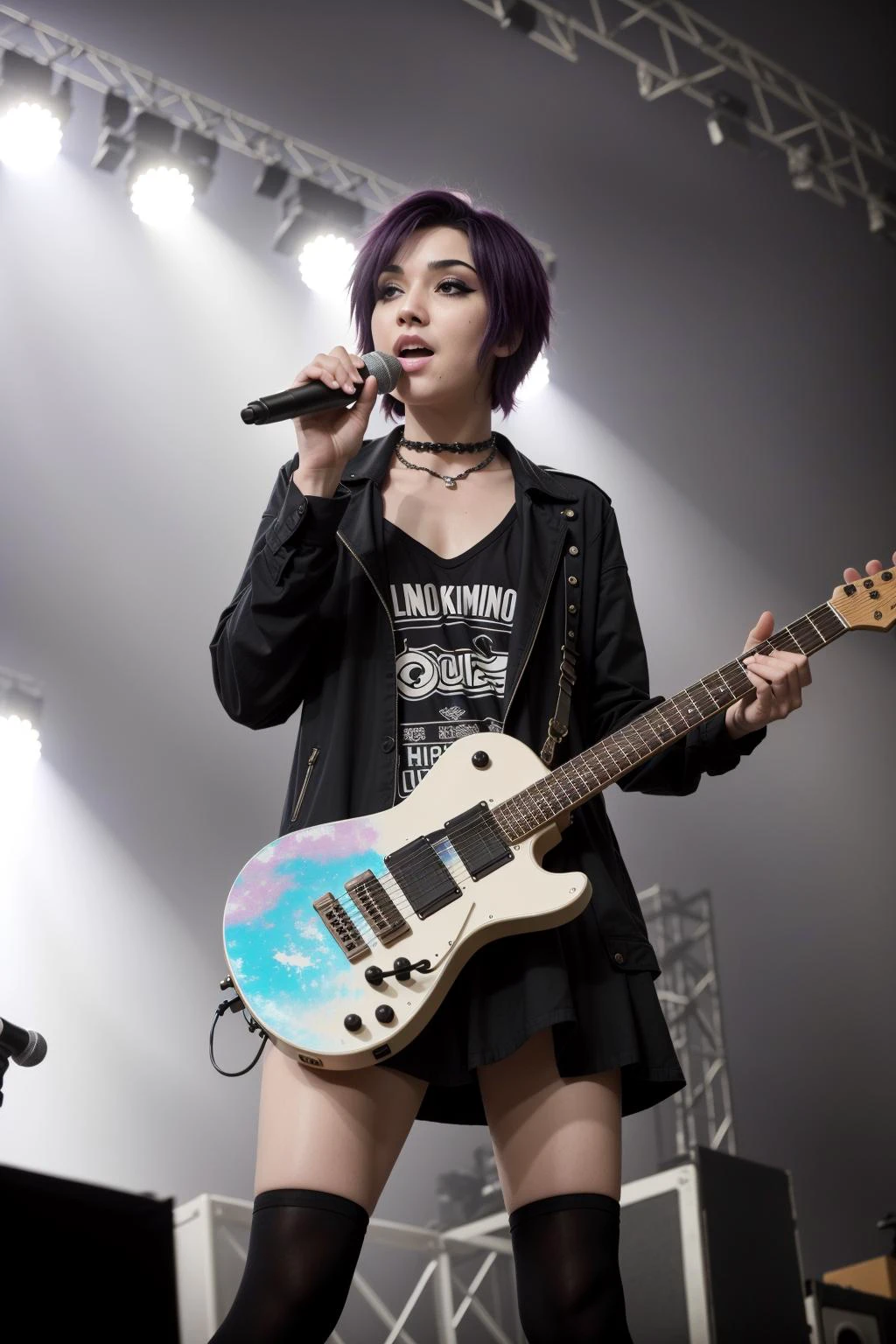 a nikon RAW photo of pale cute (emo) celebrity rock singer with dyed purple hair and natural breasts, goth, concert, stage, standing on stage, venue, concert hall, singing, holding microphone, singing into microphone, stadium crowd, concert crowd, skinny, 1girl, (dim lighting), full body, (visible pores:0.3) (high detailed skin:0.9), (feminine:0.5), 4k high quality, film grain, sfw, solo, photographed by Canan EOS R6, 135mm, 1/1250s, f/2.8, ISO 400
