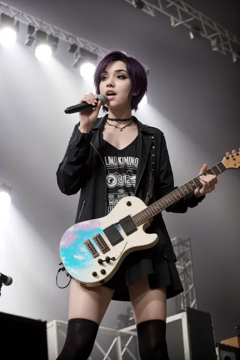 a nikon RAW photo of pale cute (emo) celebrity rock singer with dyed purple hair and natural breasts, goth, concert, stage, standing on stage, venue, concert hall, singing, holding microphone, singing into microphone, stadium crowd, concert crowd, skinny, 1girl, (dim lighting), full body, (visible pores:0.3) (high detailed skin:0.9), (feminine:0.5), 4k high quality, film grain, sfw, solo, photographed by Canan EOS R6, 135mm, 1/1250s, f/2.8, ISO 400