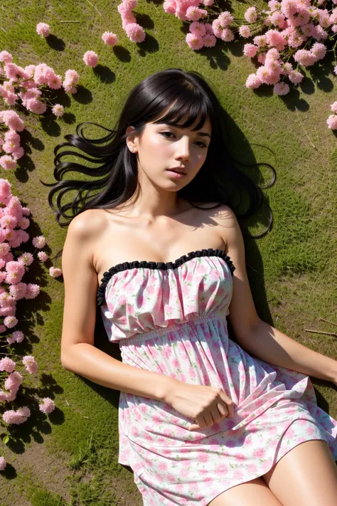 Nikon RAW photo, Girl, full body, black hair, bangs, lying on the grass, relaxing, pink dress (1.5), surrounded by flowers and greenery, springtime, 8K resolution, realistic, ultra high resolution, photorealistic, natural lighting, vibrant colors