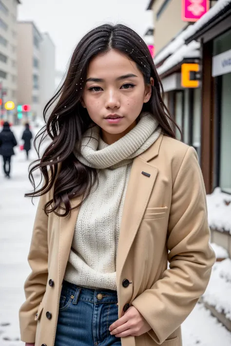 professional portrait photograph of a gorgeous Japanese girl in winter clothing with long wavy black hair, sultry flirty look, (freckles), gorgeous symmetrical face, cute natural makeup, wearing elegant warm winter fashion clothing, ((standing outside in snowy city street)), stunning modern urban environment, ultra realistic, concept art, elegant, highly detailed, intricate, sharp focus, depth of field, f/1. 8, 85mm, medium shot, mid shot, (((professionally color graded))), bright soft diffused light, (volumetric fog), trending on instagram, hdr 4k, 8k