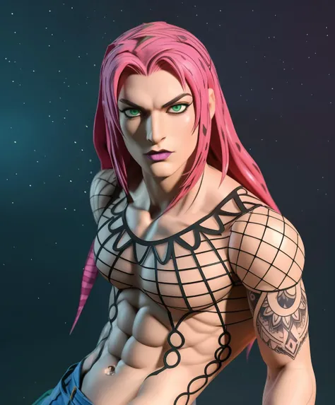 chibi, cute, 3dgc, rendering, pants, upper body, fire background, ((abs, waist)) cartoon, 3d render, game design, artstation, pose, beautiful color, photography, green eyes, cosplay, beautiful photo, solo, hair pattern, diavolojojo, diavolo, long hair, male, masculine, (pose:1.3), (posing:1.3), (soft shading), 4k, hi res, ((detailed face, (detailed eyes:1.0), detailed)), fishnet top, tattoo, 1boy, wristbands <lora:diavolo:0.97>